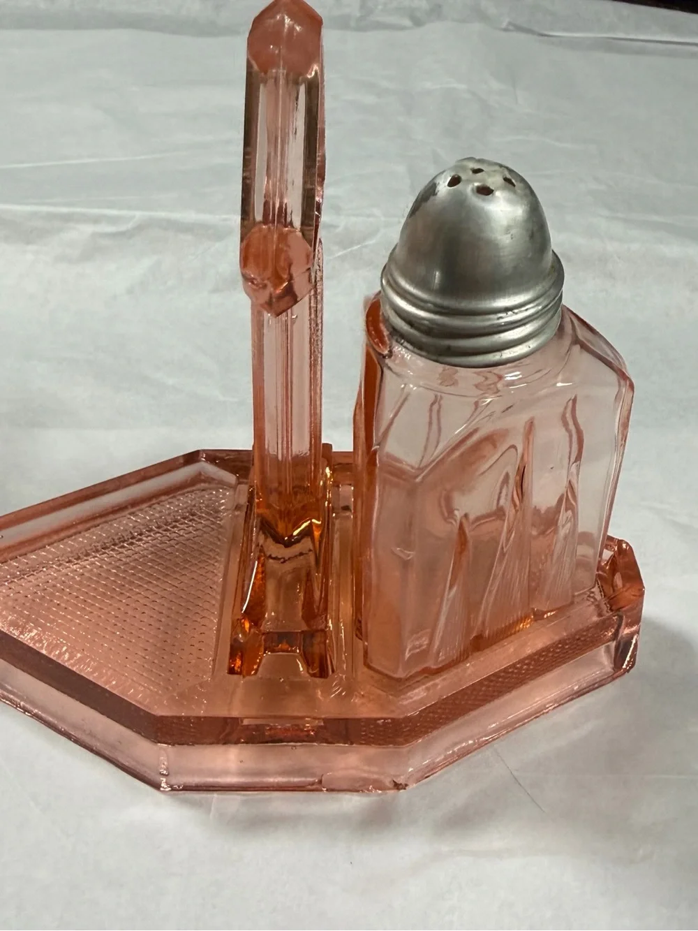Vintage Pink Depression Glass Condiment Caddy Stand & Single Shaker Art Deco